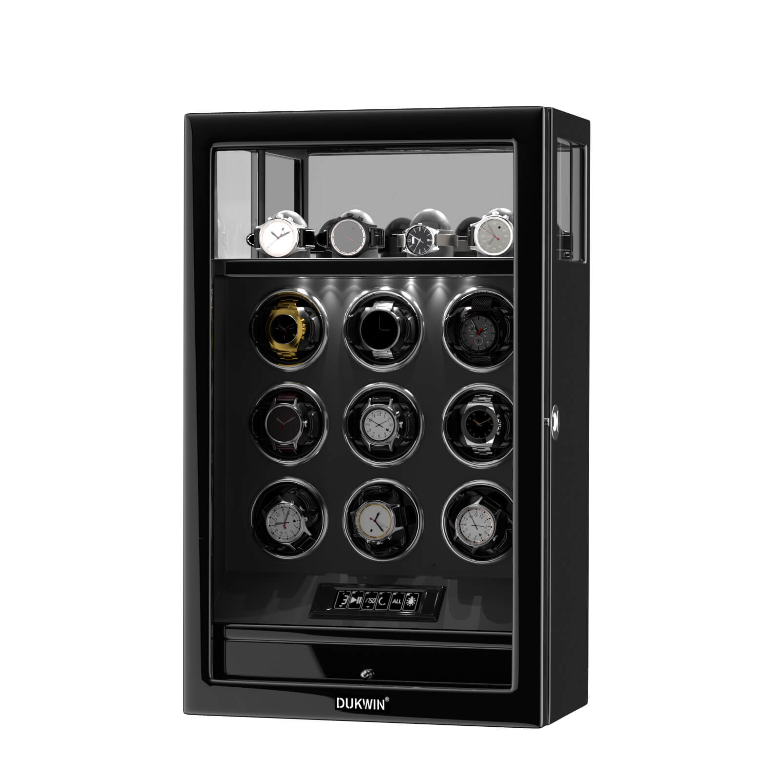 9 Watch Winders with Extra 4 Watches Storage LCD Remote Control Fingerprint Lock - Black