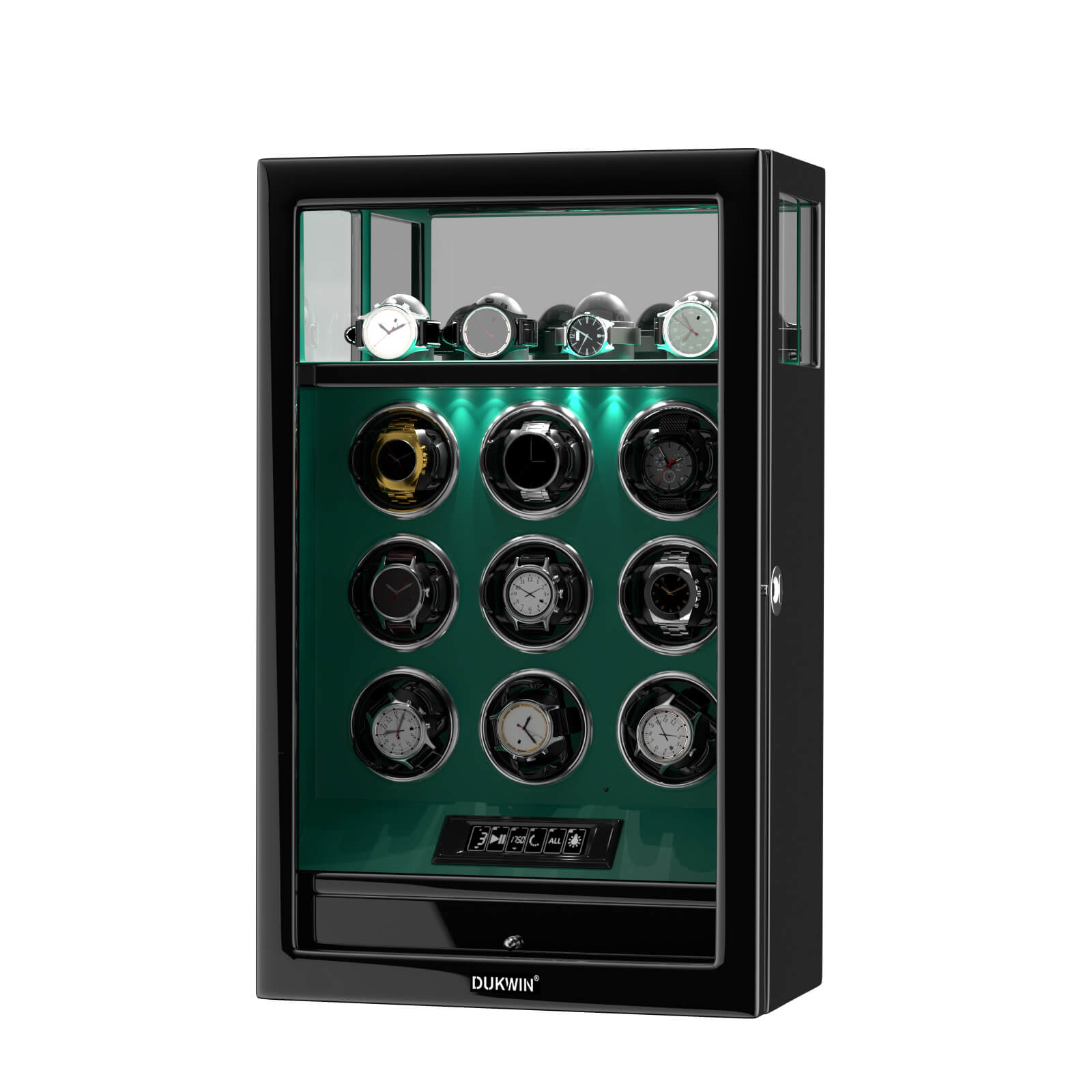 Fingerprint Lock 9 Watch Winders with 4 Watch Holders Storage LCD Remote Control - Green