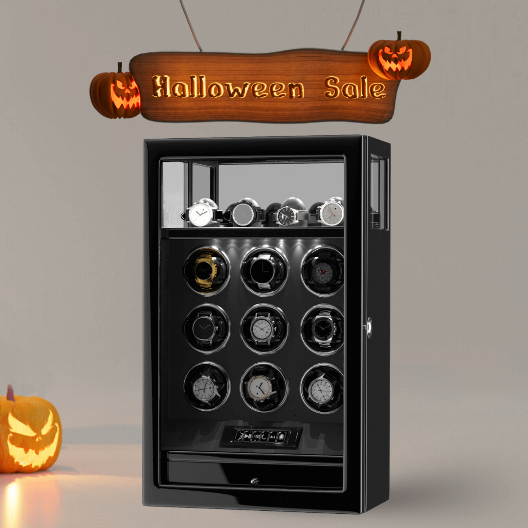 Remontoir pour 9 montres avec rangement supplémentaire pour 4 montres, télécommande LCD, verrouillage par empreinte digitale/verrouillage par clé - Noir