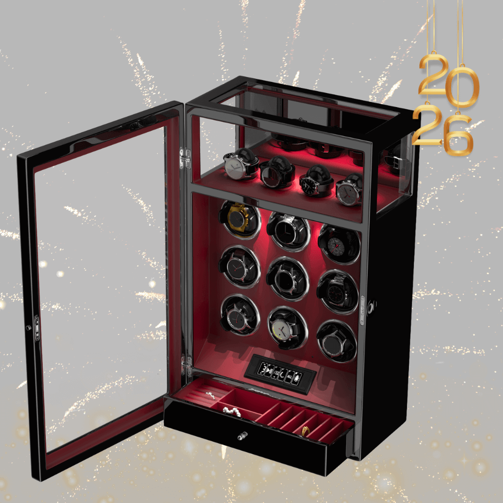 Blocco per impronte digitali 9 caricaorologi con 4 portaorologi, telecomando LCD per archiviazione - rosso