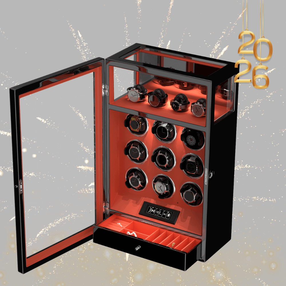 Carica orologi con impronta digitale e 9 avvolgitori per orologi con spazio extra per 4 orologi, telecomando LCD - Arancione fiamma