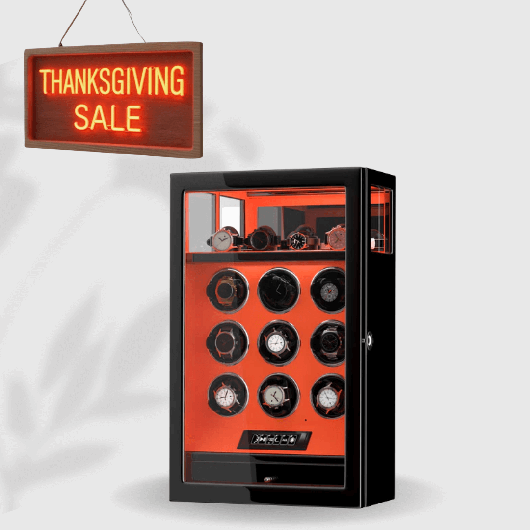 Fingerprint Lock 9 Watch Winders with Extra 4 Watches Storage LCD Remote Control - Flame Orange