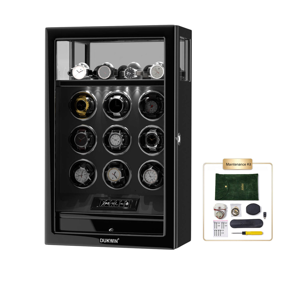 9 Watch Winders with Extra 4 Watches Storage LCD Remote Control Fingerprint Lock - Black