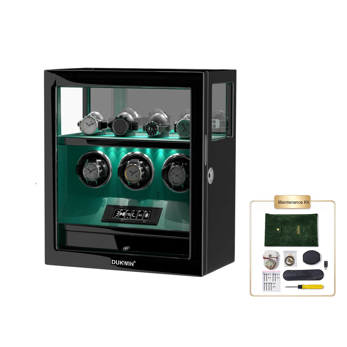 Fingerprint Lock 3 Watch Winders with Extra Watches Storage LCD Remote Control - Green