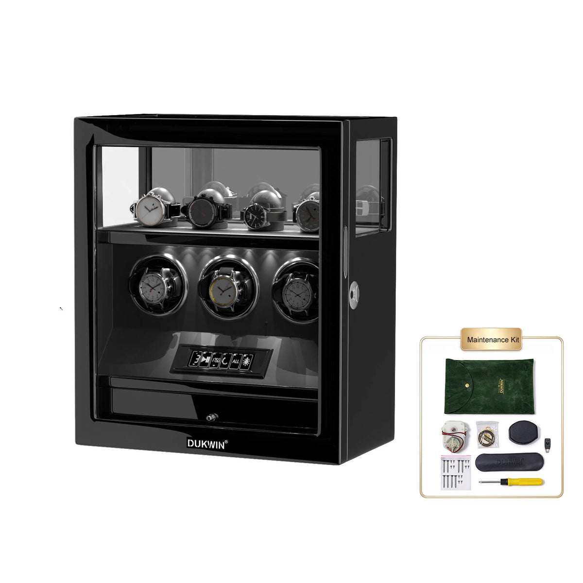 Fingerprint Lock 3 Watch Winders with Extra 4 Watches Storage LCD Remote Control - Black