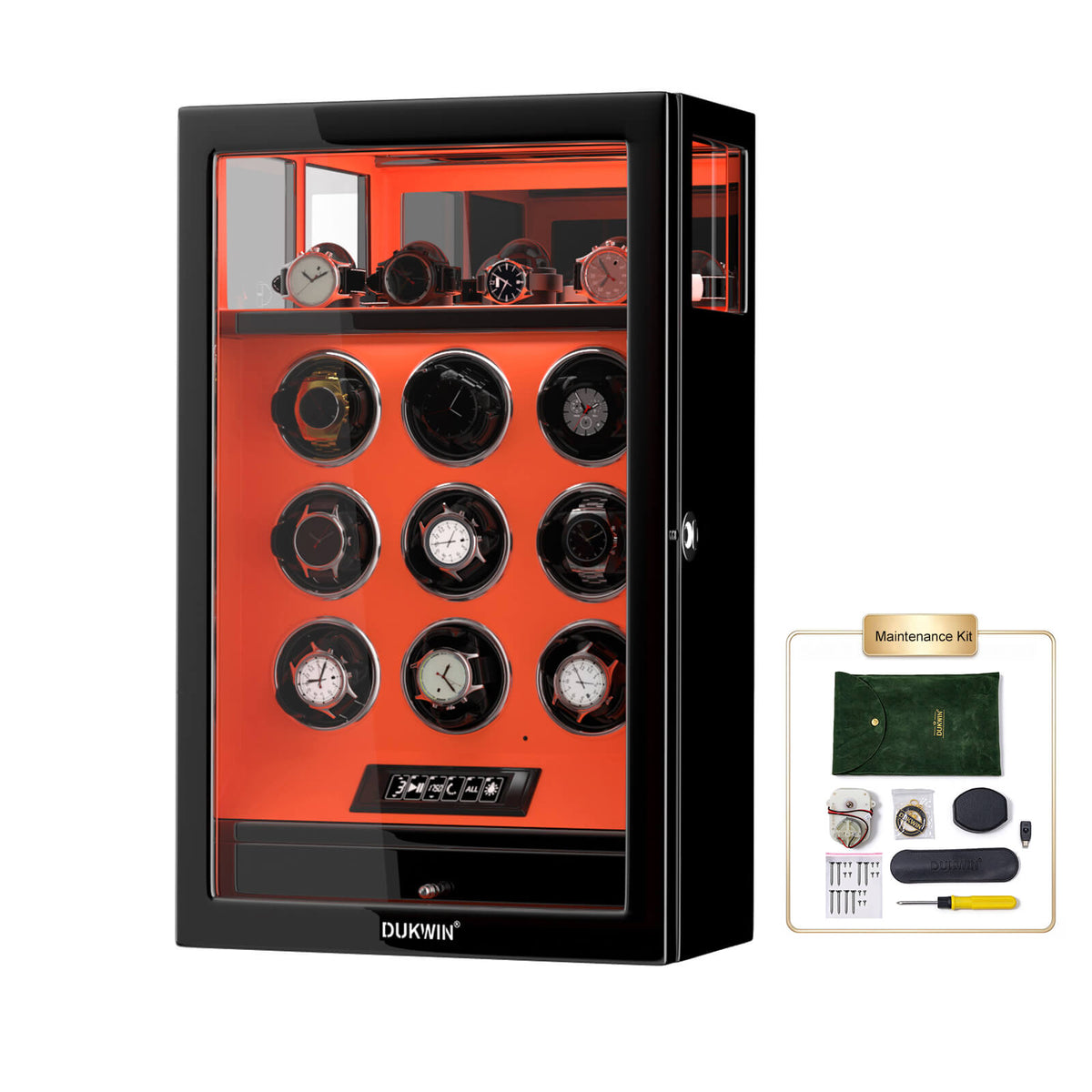 Fingerprint Lock 9 Watch Winders with Extra 4 Watches Storage LCD Remote Control - Flame Orange