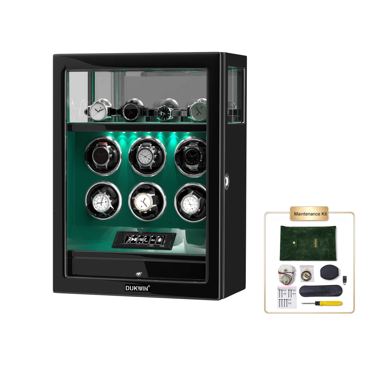 Fingerprint Lock 6 Watch Winders with Extra Watches Storage LCD Remote Control - Green