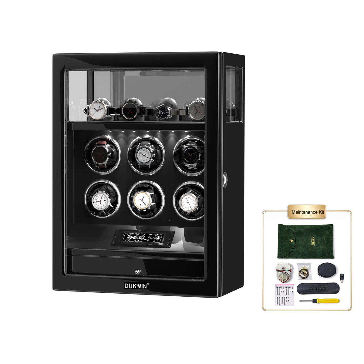 Fingerprint Lock 6 Watch Winders with Extra Watches Storage LCD Remote Control - Black