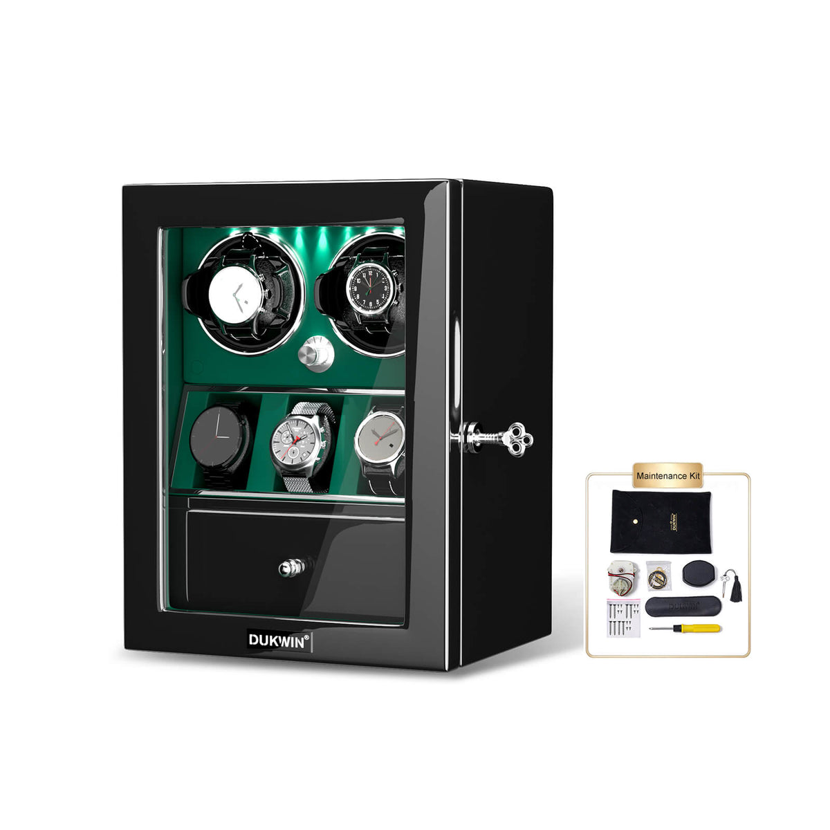 2 Watch Winders with 3 Watch Holders Quiet Mabuchi Motor - Green