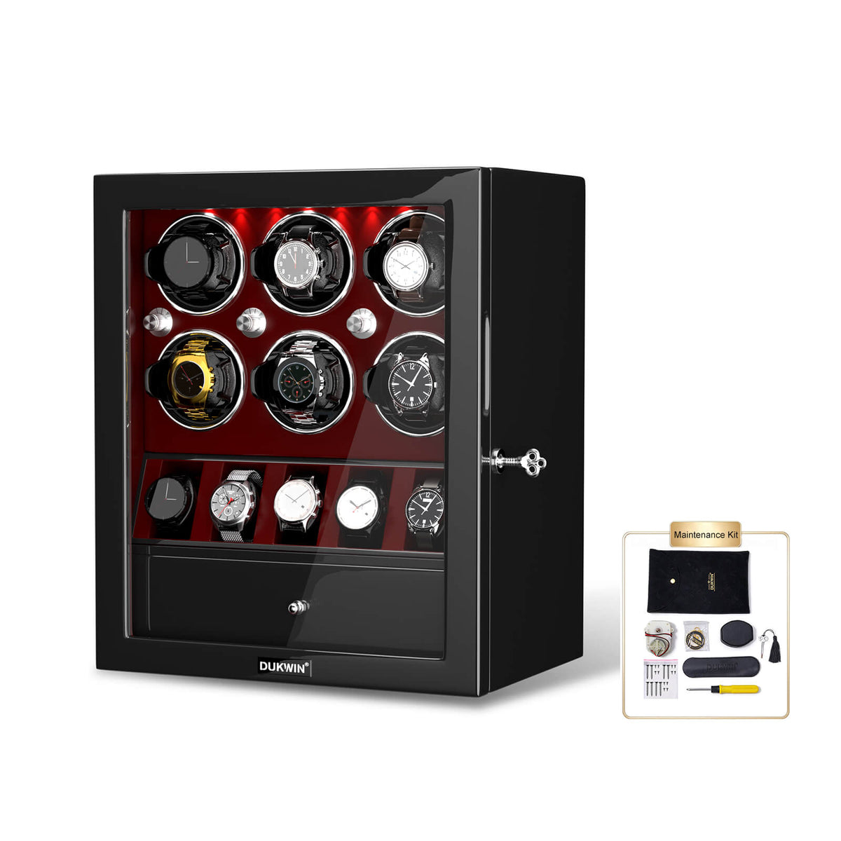 Remontoirs de montres classiques pour 6 montres automatiques avec organisateur d'affichage de 5 montres - Rouge