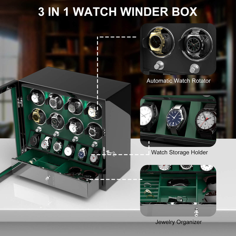 8 Watch Winders with 6 Watches Organizer Storage Large Space Case - Green