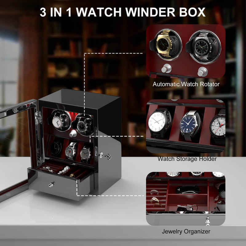 2 Watch Winders for Automatic Watches with 3 Watches Organizer Storage- Red