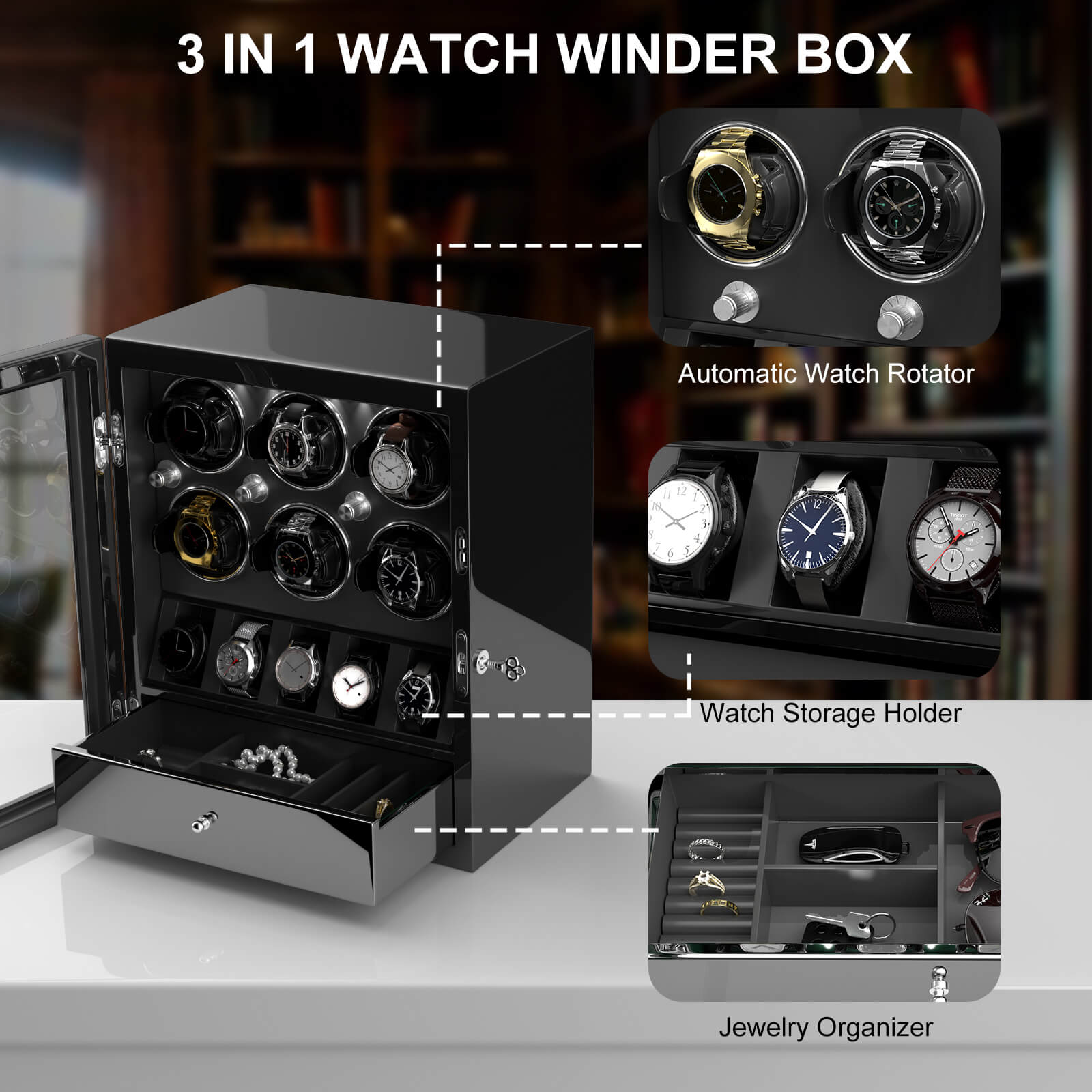 Compact 6 Watch Winders with 5 Watches Organizer Storage Space